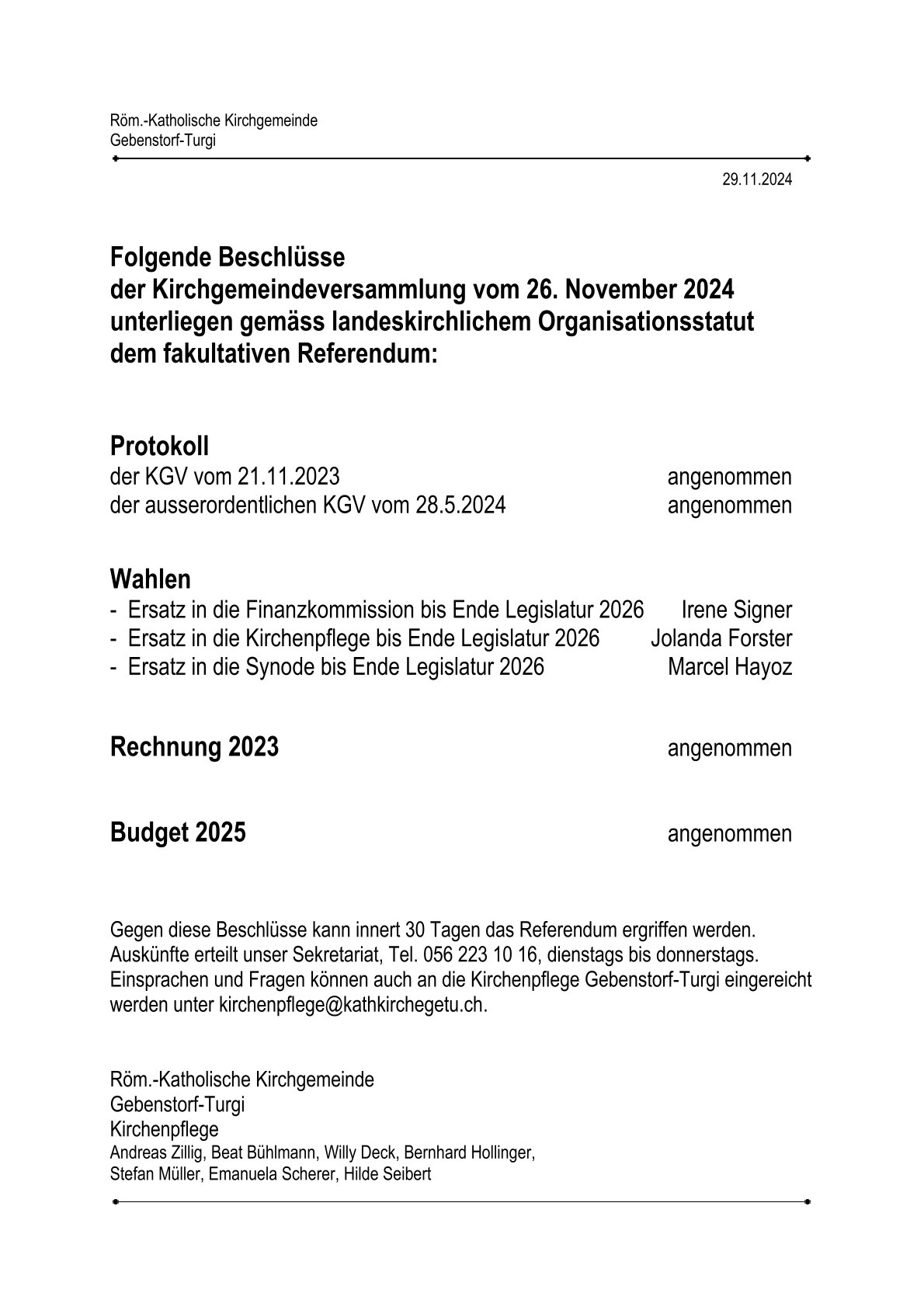 Veröffentlichung der Beschlüsse